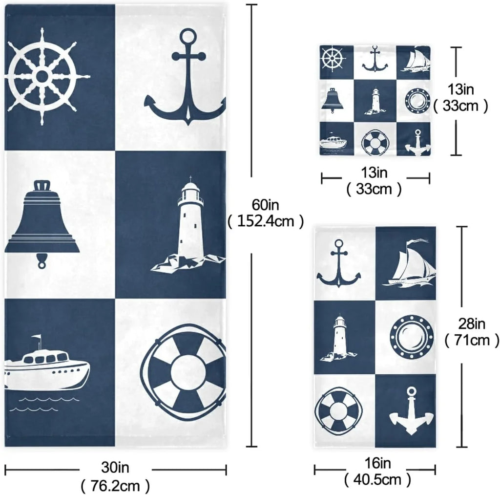 GZHJMY Bath Towel Sets for Bathroom Hand Towels Fingertip Towels Sailing Vessel Anchor Lighthouse Checked 3 Piece Decorative Soft Cotton Absorbent