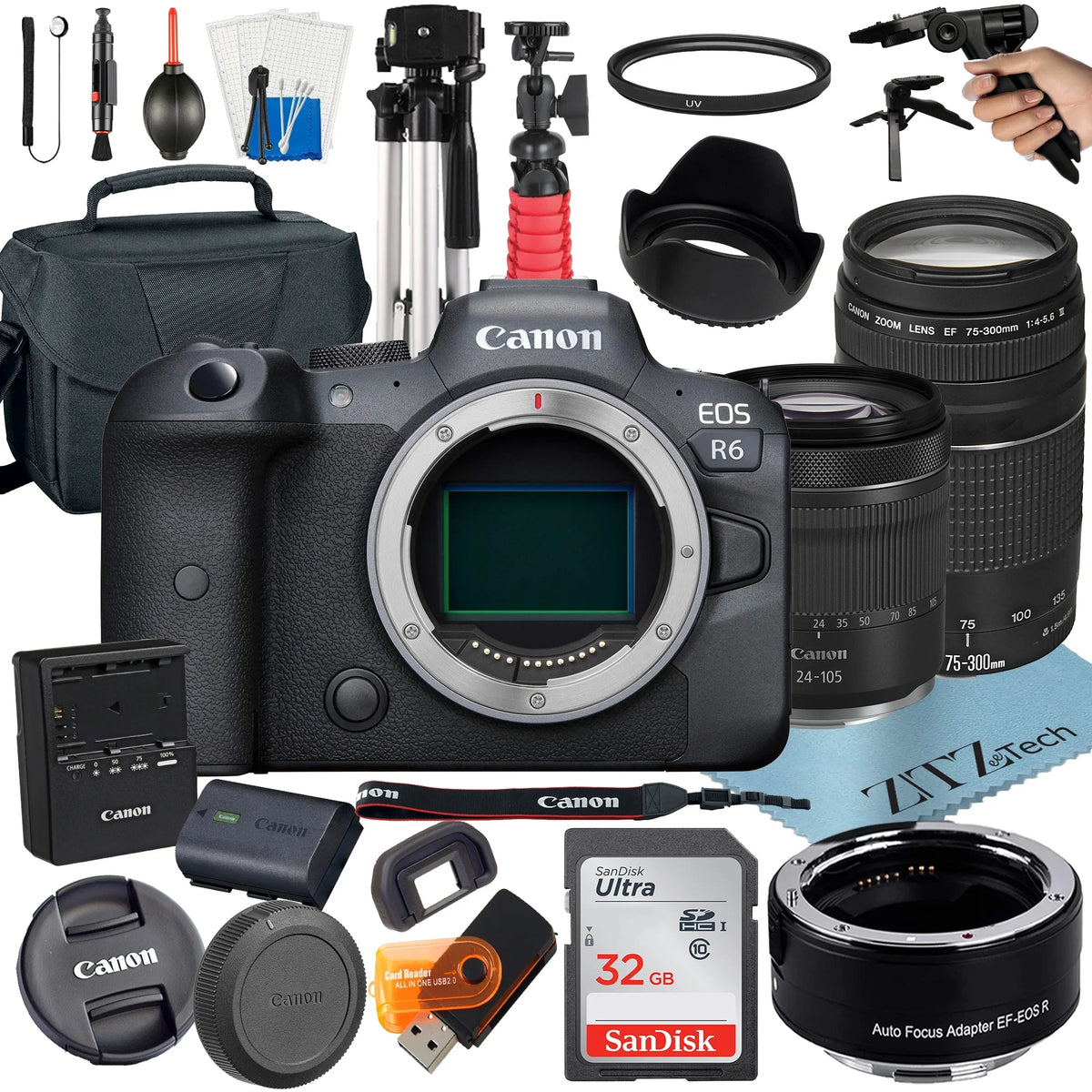 EOS R6 Mirrorless Camera with RF 24-105mm STM + 75-300mm Lens + Mount Adapter + 32GB SanDisk + ZeeTech Accessory