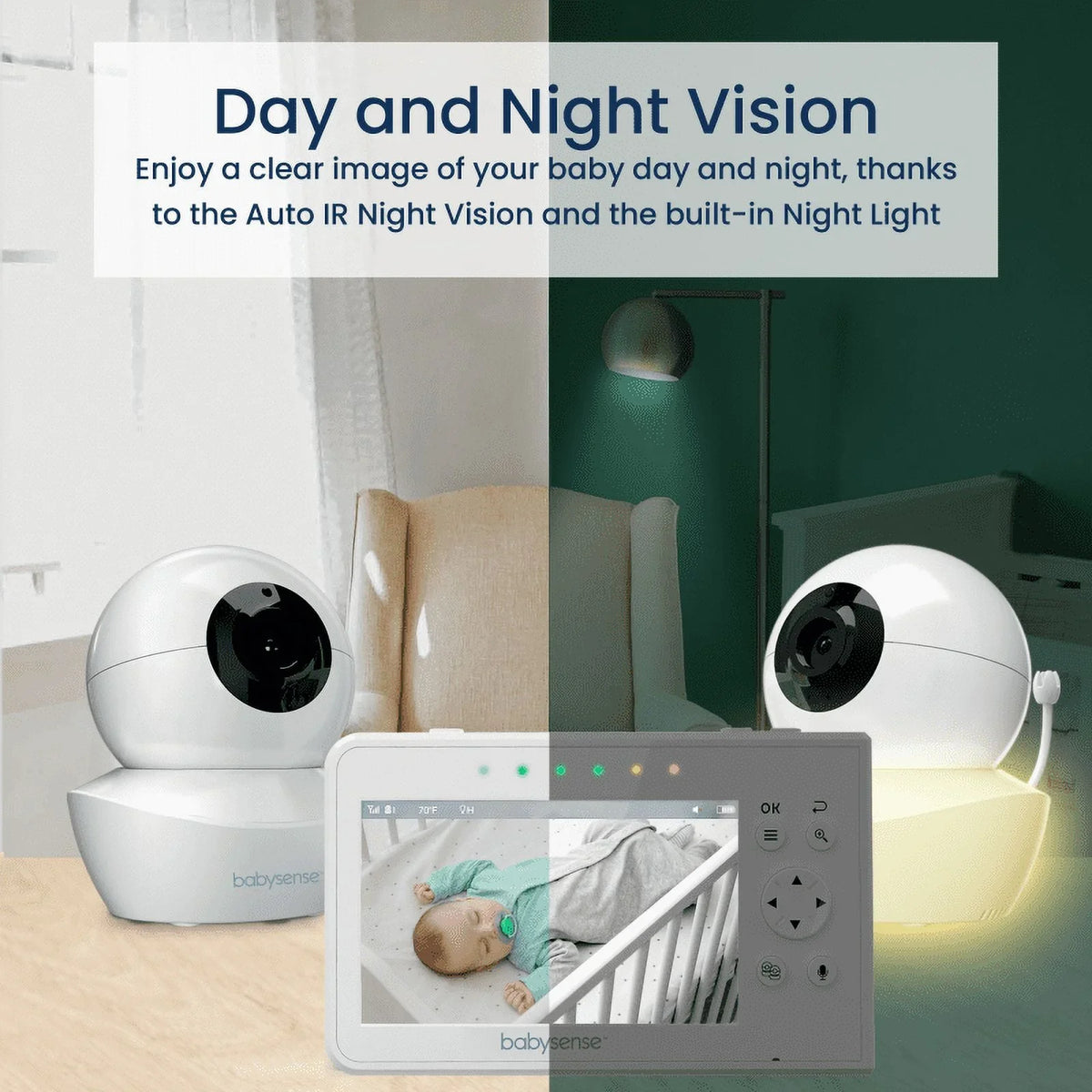 Babysense Split Monitor Video Baby Monitor, 4.3" Display with 2 PTZ Cameras, Long Range, Night Light & Vision, Two-Way Talk, V43