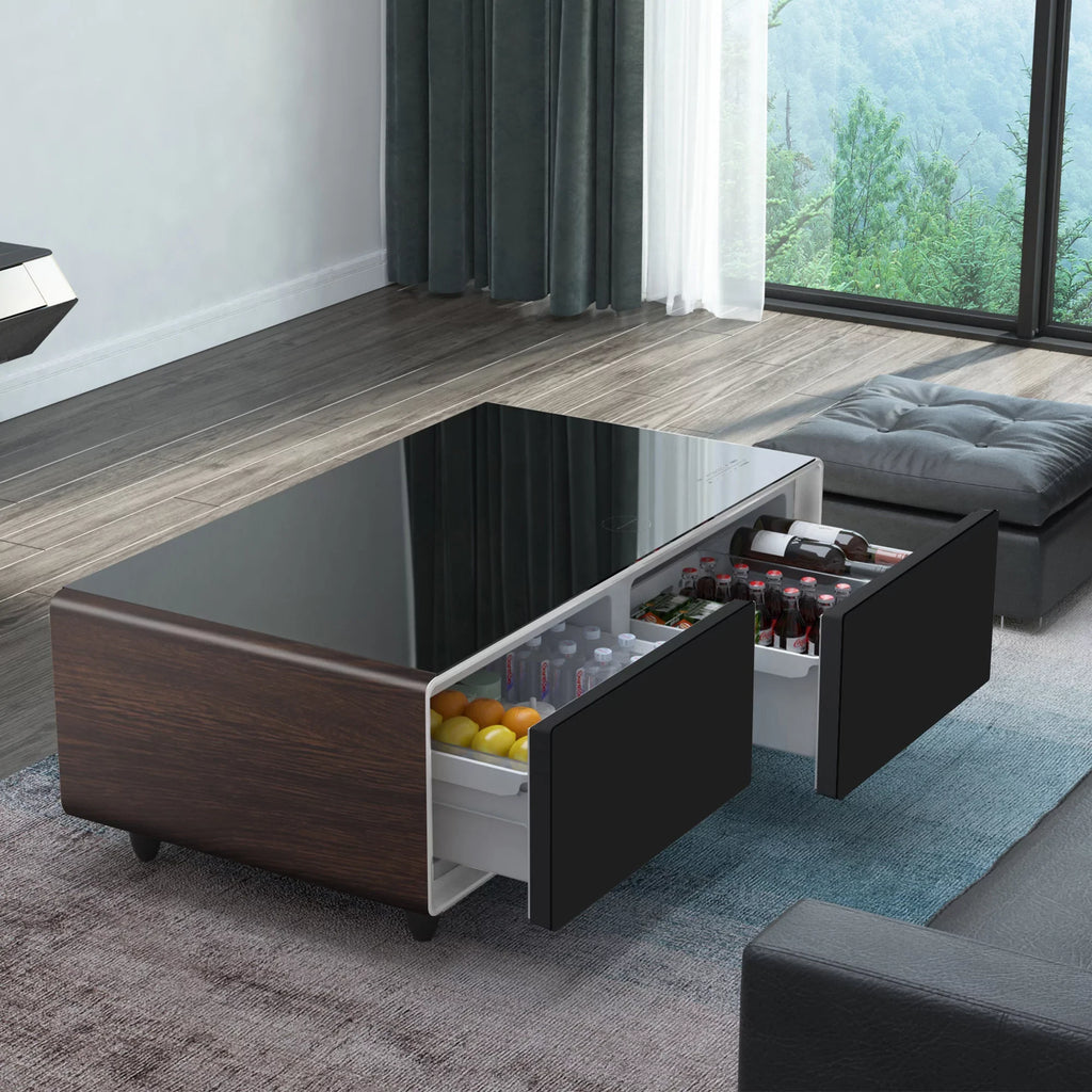 Modern Smart Coffee Table with Built-in Fridge, Bluetooth Speaker, Wireless Charging Module, Touch Control Panel, Power Socket, USB Interface, Outlet Protection, Atmosphere light, Brown