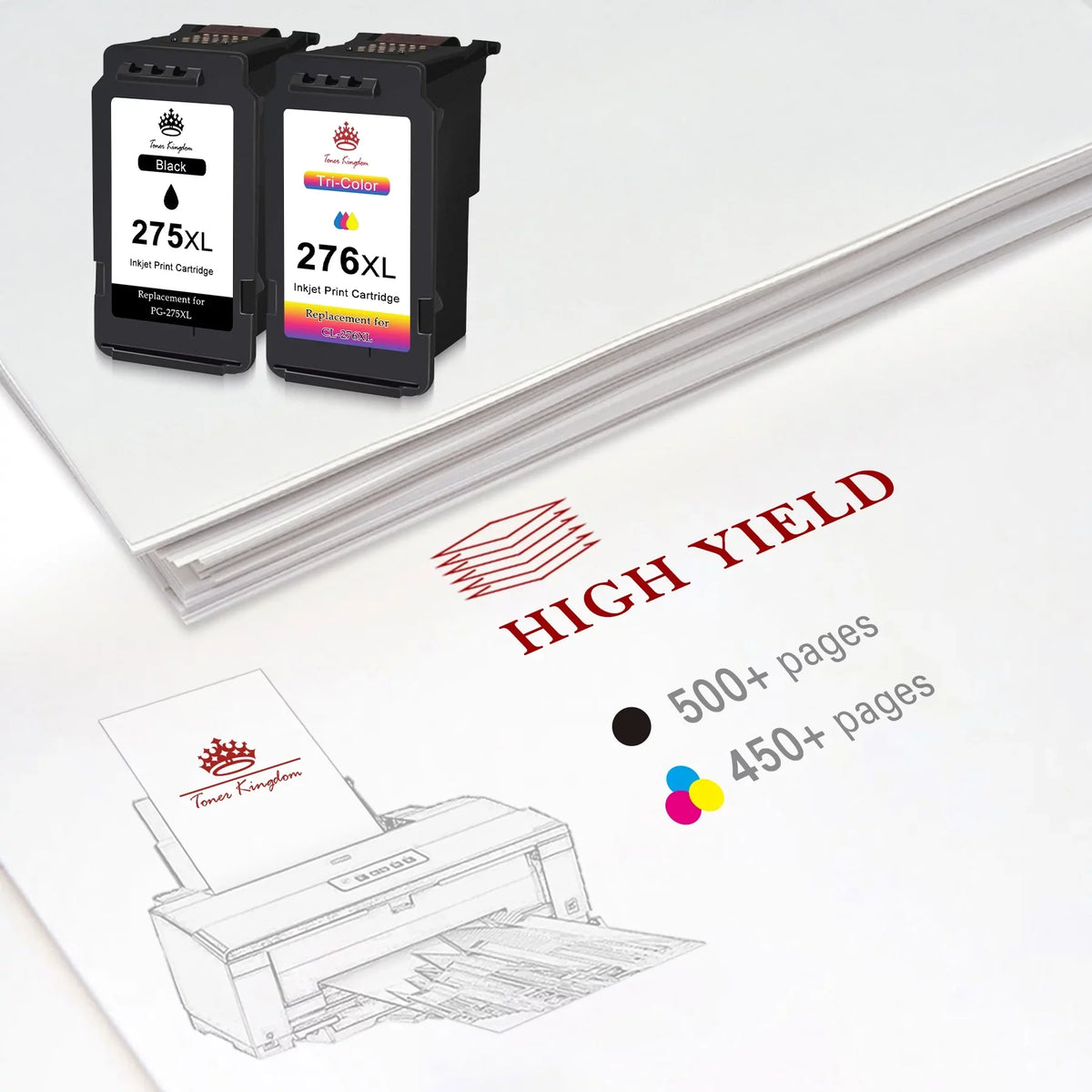 Toner Kingdom PG-275 CL-276 Ink Cartridges for Ink 275 and 276 High Capacity 275XL 276XL Ink Cartridges for PIXMA TS3520 TS3522 TS3500 TR4720 TR4722 TR4700 Printers (2 Black, 1 Color)