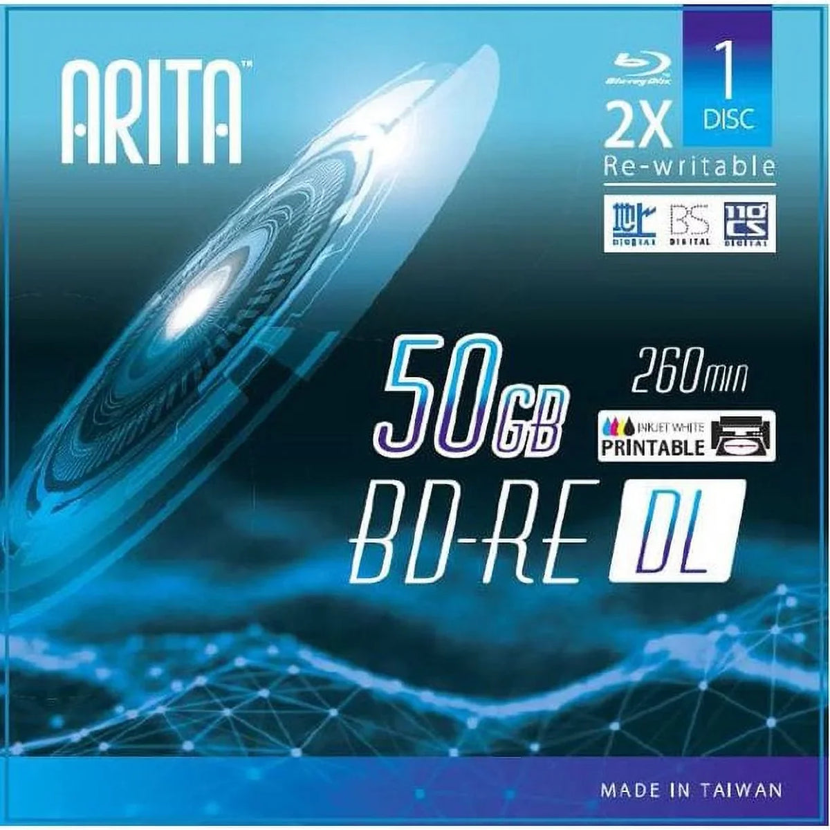 10 Pack Arita BD-RE DL Rewritable 50GB Double Layers 2X 260Min White Inkjet Hub Printable Blank Disc w/ Jewel Case