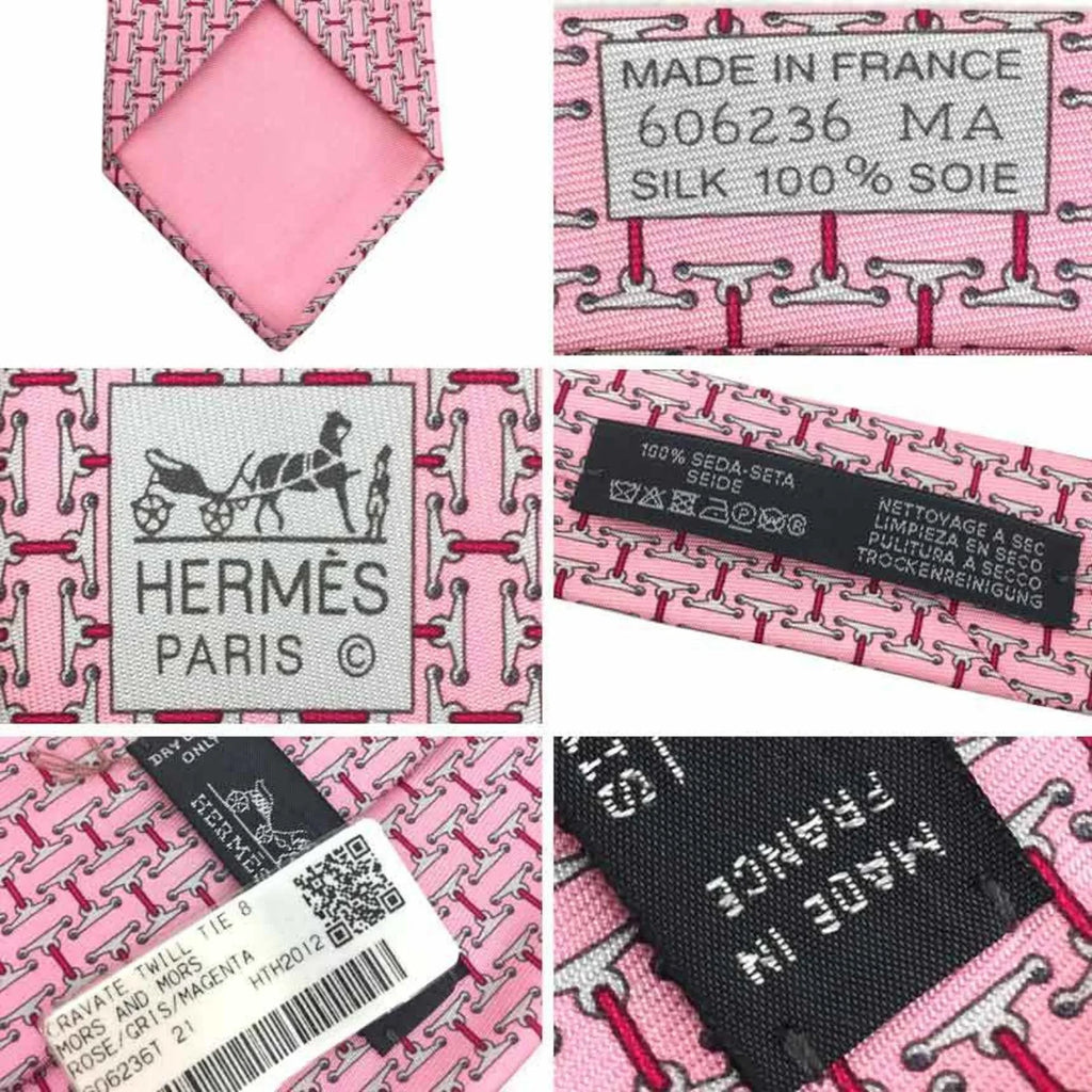 Pre-Owned HERMES Tie CRAVATE TWILL 8CM MORS AND 606236T 21 HTH2012 Horse harness pattern silk twill tie Pink ROSE/GRIS/MAGENTA Men's Hermes (Like New)