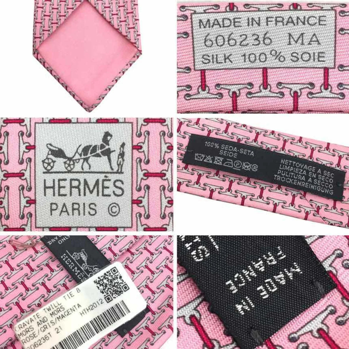 Pre-Owned HERMES Tie CRAVATE TWILL 8CM MORS AND 606236T 21 HTH2012 Horse harness pattern silk twill tie Pink ROSE/GRIS/MAGENTA Men's Hermes (Like New)