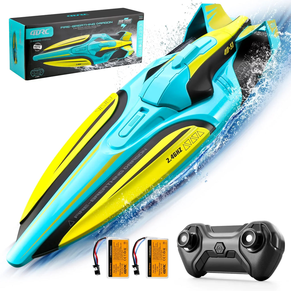 4DRC S1 RC Boat - Remote Control Boat for Pools and Lakes, 4 Channel 2.4GHZ Remote Control, and Rechargeable Boat Battery，Yellow