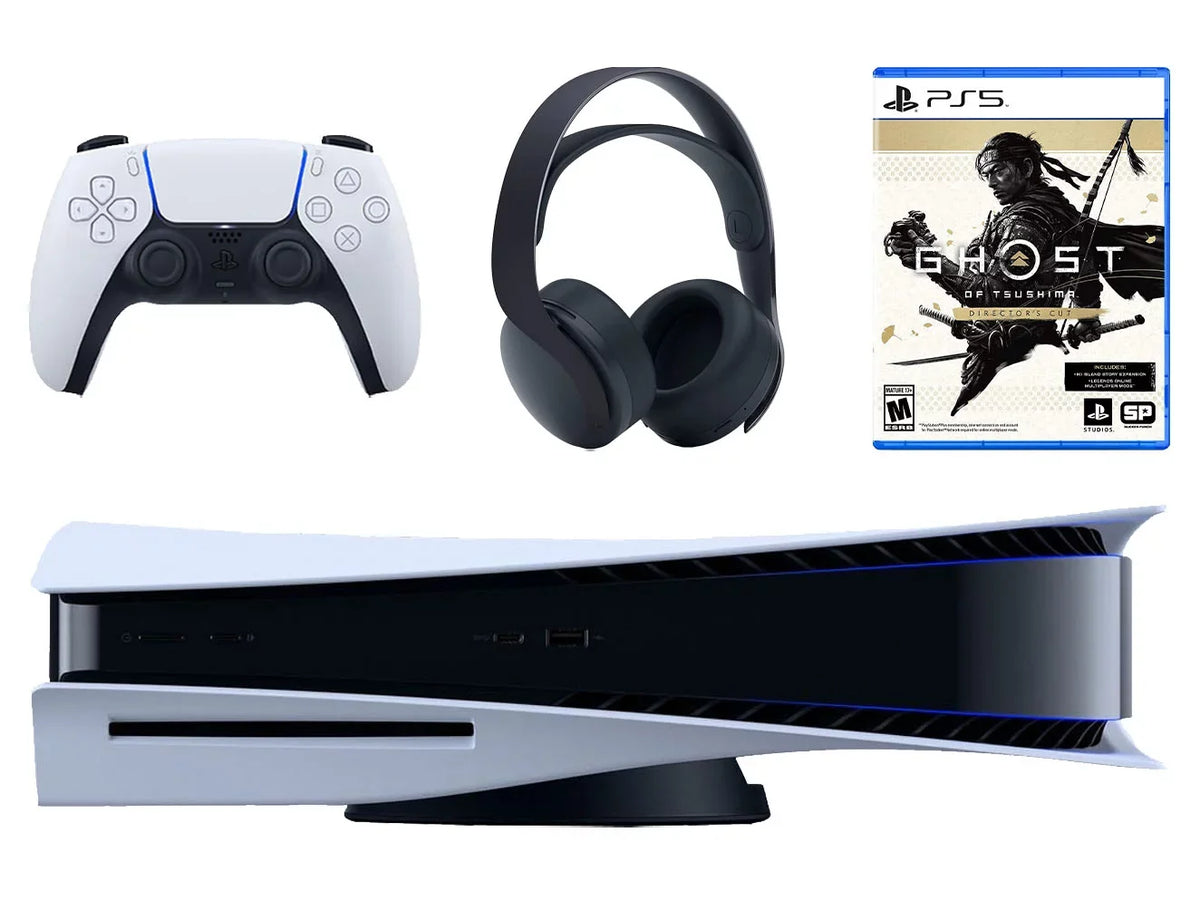 Playstation 5 Disc Version Console with Black PULSE 3D Wireless Gaming Headset and Ghost of Tsushima Director's Cut