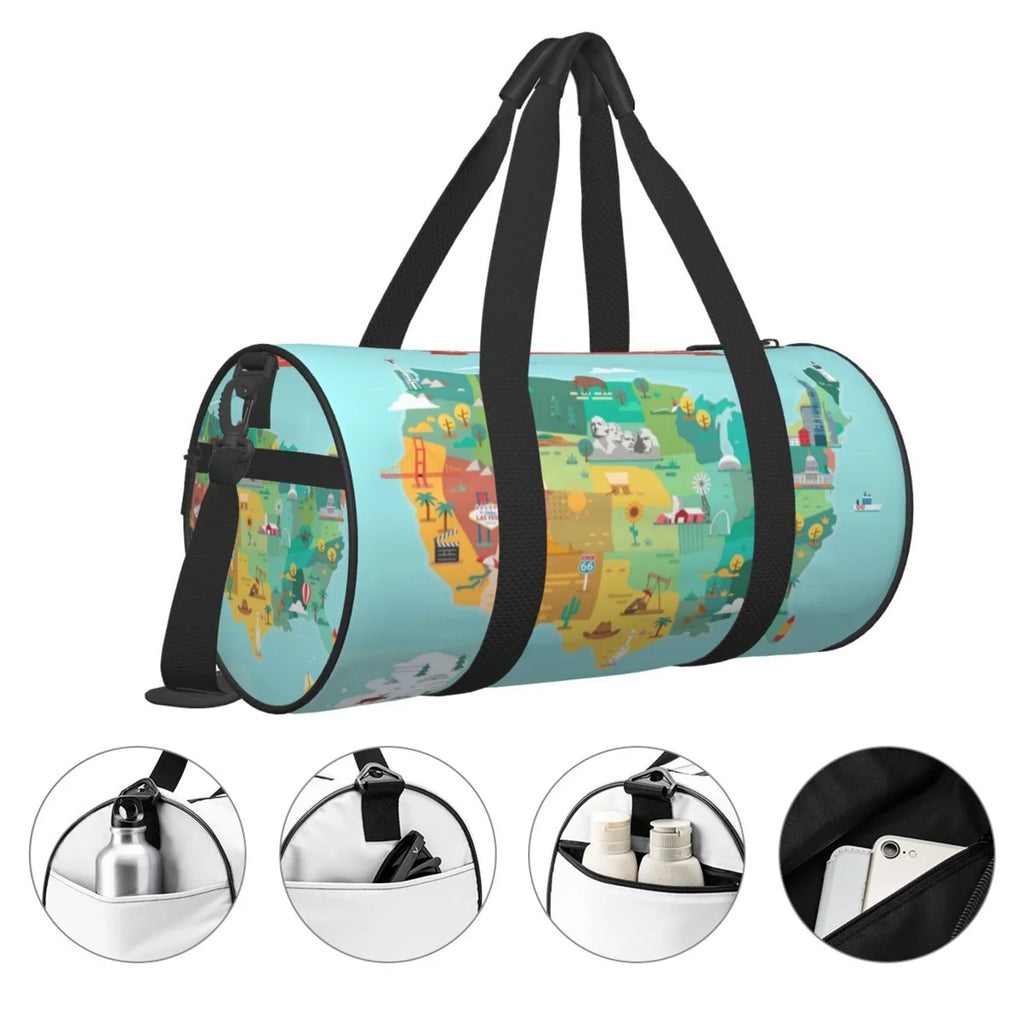 Coaee USA Tourist Map Large Capacity Travel Luggage Bag Cylinder Gym Bag Liquid Sports Bag with Pocket and Compartment