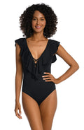 La Blanca Women's Island Goddess Over The Shoulder Ruffle Plunge One Piece, Black, 4
