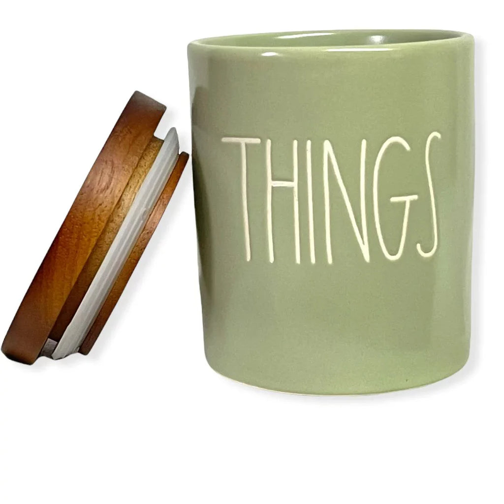 Rae Dunn By Magenta THINGS LL Font Canister Small Round Container Light Green